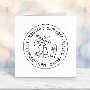 Tampon Auto-encreur Tropical Vacances Palm Surfboard Adresse ronde