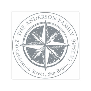 Tampon Auto-encreur Vintage Compass Round Nom de famille et adresse de