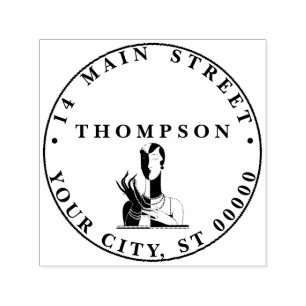 Tampon Auto-encreur Vintage Dame Art Déco Aux Perles Adresse Noire