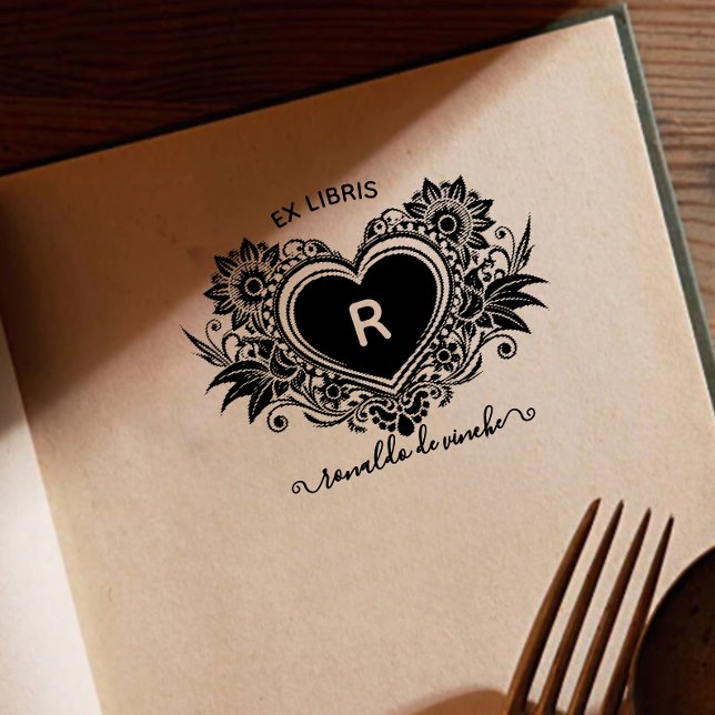 Tampon Auto-encreur Vintage Floral Heart Monogram Ex libris (Créateur téléchargé)