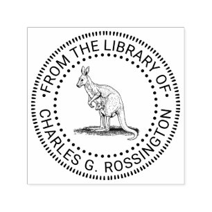 Tampon Auto-encreur Vintage Kangaroo & Joey Dessin Bibliothèque Nom du