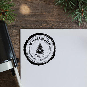 Tampon Auto-encreur Vintage Rustic Woodgrain Pine Tree Adresse de fami