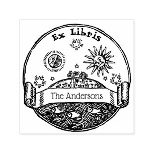Tampon Auto-encreur Vintage Soleil Lune Étoiles Océan Terre Ex Libris