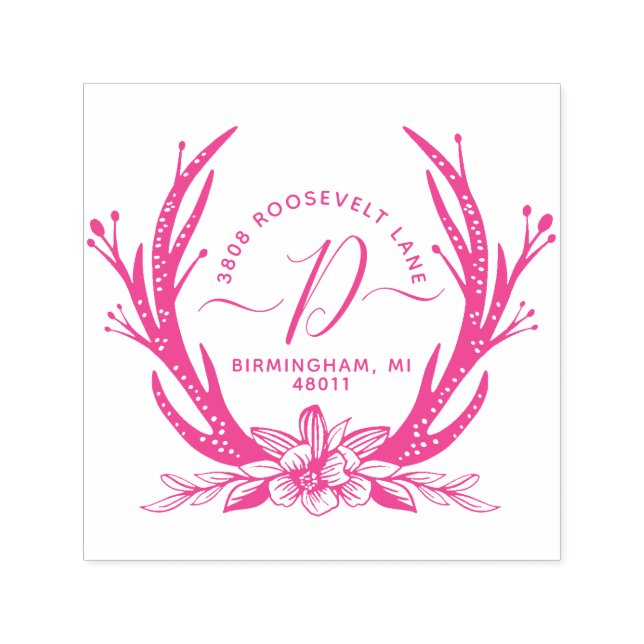 Tampon Auto-encreur Vintage Style Antler Hornes Floral Monogramme Adre (Design)
