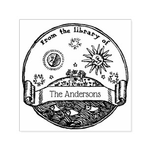 Tampon Auto-encreur Vintage Sun Moon Stars Ocean Earth Library Livre