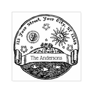 Tampon Auto-encreur Vintage Sun Moon Stars Ocean Earth Nom Adresse