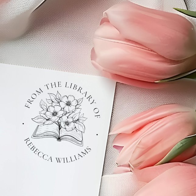 Tampon Auto-encreur Votre nom Livre & Fleurs "From the Library of" (Créateur téléchargé)