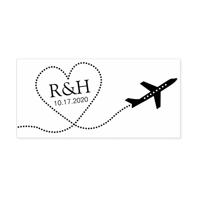 Tampon Auto-encreur Voyage Destination Mariage Avion Monogramme Coeur (Design)