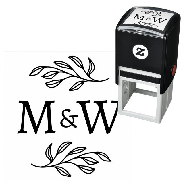 Tampon Auto-encreur Wedding Couple Monogram Elegant Botanical (Modern wedding couple monogram logo initials self inking stamp with botanical leaf sprig)
