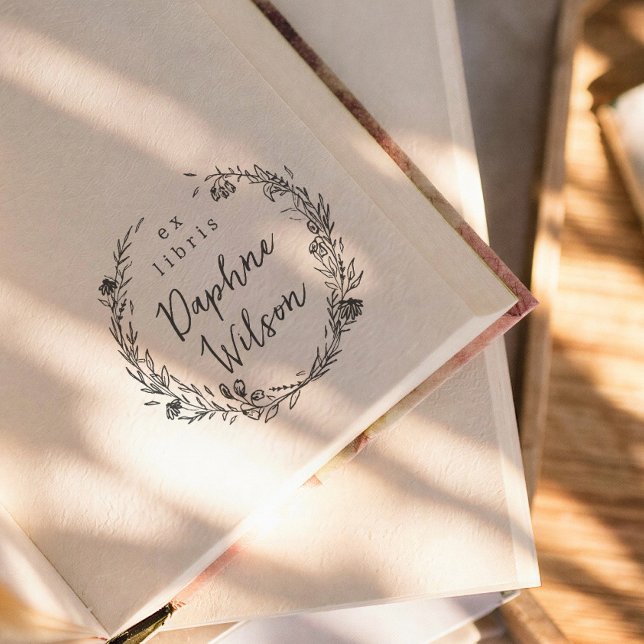 Tampon Auto-encreur Whimsical Floral Frame Calligraphy Ex Libris Book (Créateur téléchargé)