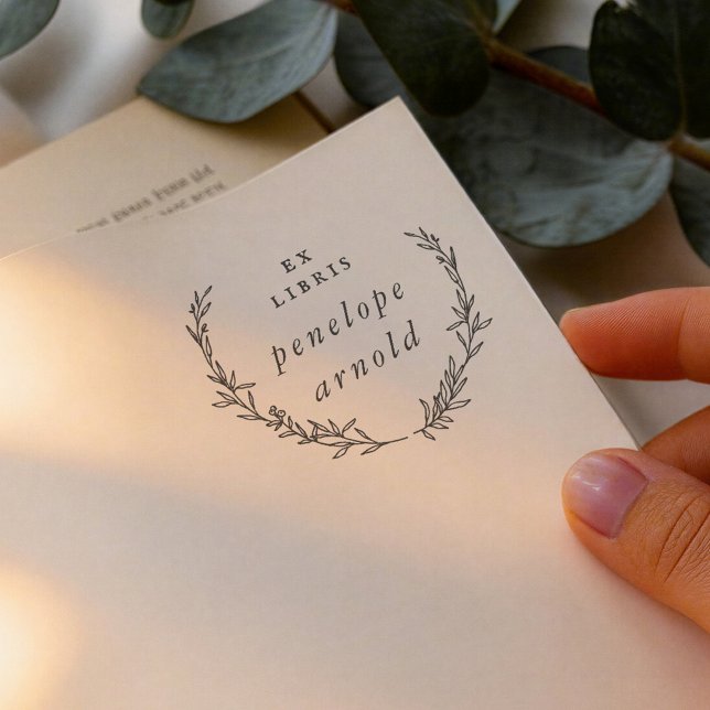 Tampon Auto-encreur Whimsical Hand Drawn Wreath Ex Libris Book (Créateur téléchargé)