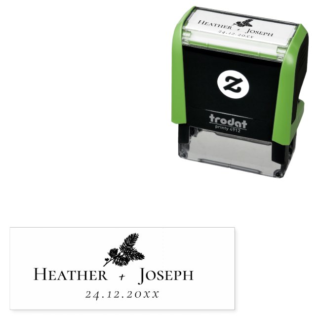 Tampon Auto-encreur Whimssical Green et Gold Pine Cone Mariage (En situation)