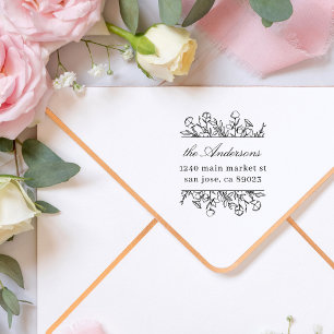 Tampon Auto-encreur Whimsy Flowers Feuilles Nom de famille Adresse de 