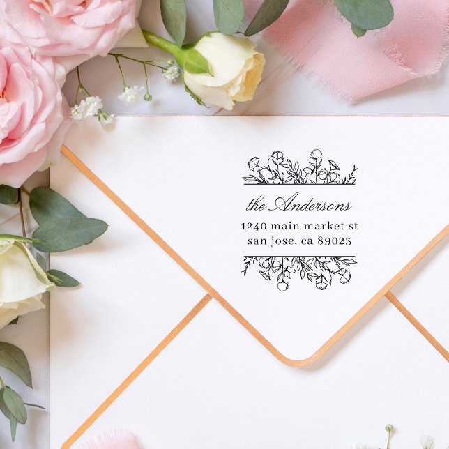Tampon Auto-encreur Whimsy Flowers Feuilles Nom de famille Adresse de  (Créateur téléchargé)