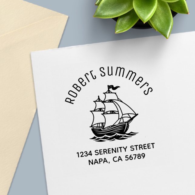 Tampon Auto-encreur Wooden Sailing Ship Galleon Sea Arch Address (Créateur téléchargé)