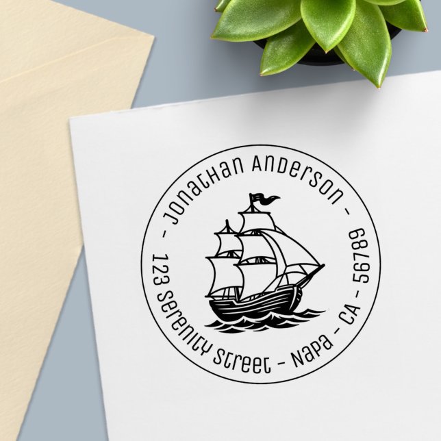 Tampon Auto-encreur Wooden Sailing Ship Galleon Sea Round Address (Créateur téléchargé)
