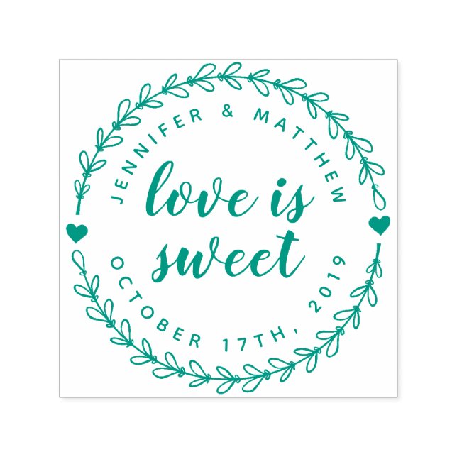 Tampon Auto-encreur Wreath à main et Mariage de script élégant Date (Design)