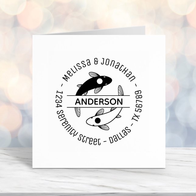 Tampon Auto-encreur Yin-Yang Poisson Couple Famille Adresse ronde (Créateur téléchargé)