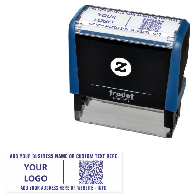 Tampon Auto-encreur Your Logo or Photo Text and QR Code Stamp Example (En situation)
