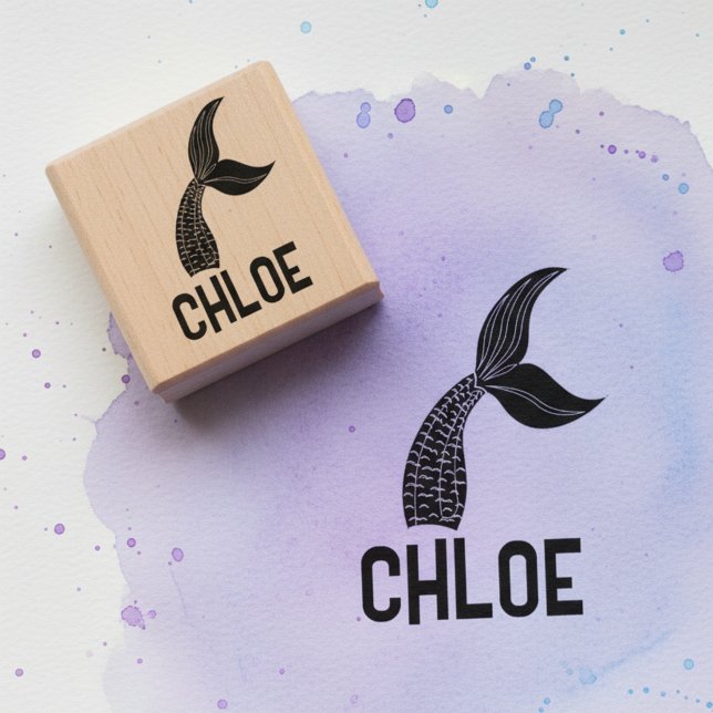 Tampon de signature avec nom et queue de sirène (Mermaid tail with custom name stamp.)