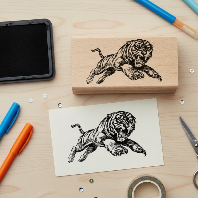 Tampon en bois Mighty Tiger Art (Mighty roaring tiger wooden art stamp.)