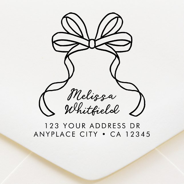 Tampon en caoutchouc d'adresse de retour | Ruban à (A feminine return address stamp with pretty coquette ribbon bow line art design.)