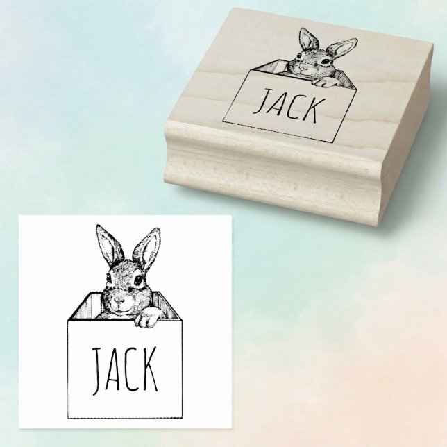 Tampon en caoutchouc personnalisé avec nom de lapi (Bunny rabbit in a box custom name rubber stamp.)