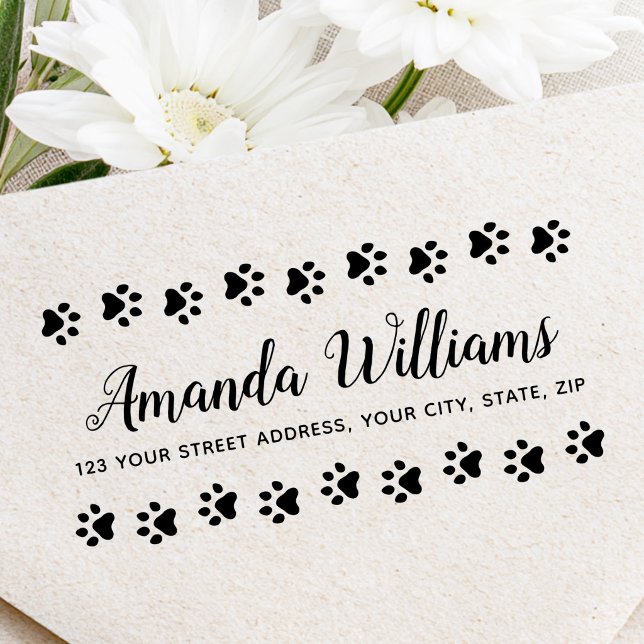 Tampon encreur d'adresse de retour avec empreinte  (Paw print border return address rubber stamp)