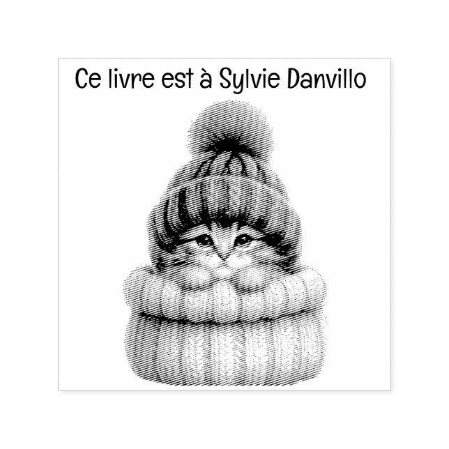 Tampon encreur en bois chat avec chapeau de laine. (Design)