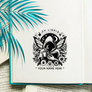 Tampon ex libris papillon fantaisie floral rond