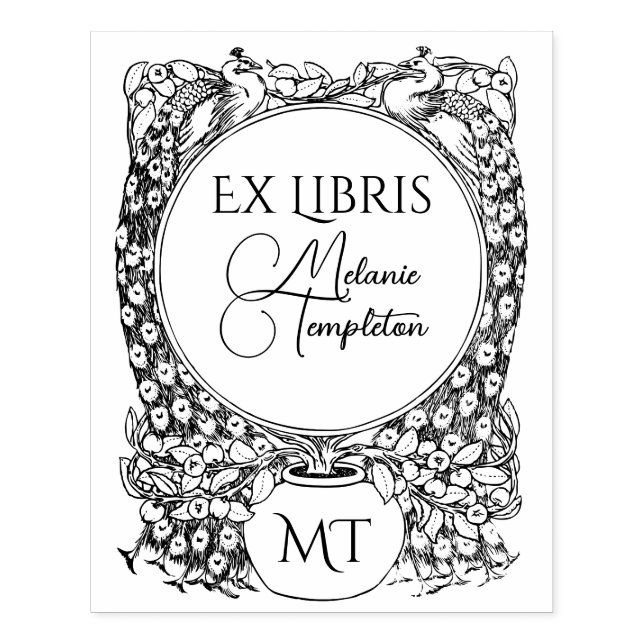 Tampons Encreurs 2 Paons Entourant une Plante en Pot Ex Libris Nom (Impression)