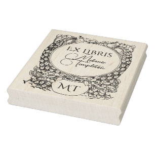 Tampons Encreurs 2 paons entourant une plante en pot Ex Libris Nom