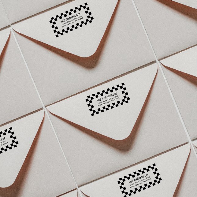 Tampons Encreurs Adresse de retour du tableau de bord (modern checkerboard framed address stamp for a gen x or 90s kid with skater style)