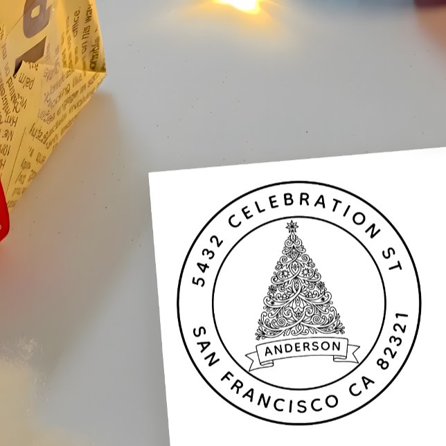 Tampons Encreurs Arbre de Noël moderne Nom de famille Adresse de re (Créateur téléchargé)