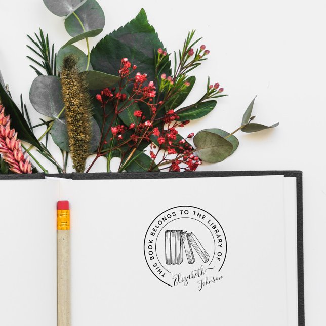 Tampons Encreurs Bibliothèque chic Elegant Arrondi Livres personnal (Créateur téléchargé)