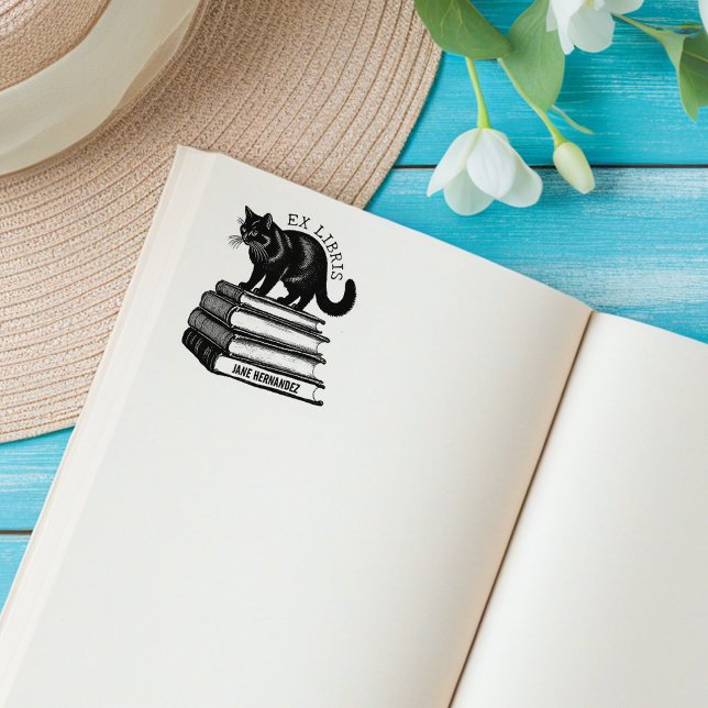 Tampons Encreurs Bibliothèques Ex Personnalisées, Livre Chat Vintag (Créateur téléchargé)