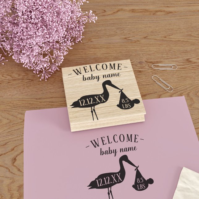 Tampons Encreurs Bienvenue Baby Moderne cigogne Birth Statistiques  (Welcome the baby with this cute stork rubber stamp. Just add your stats!)