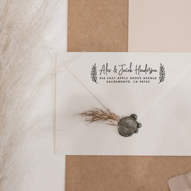 Tampons Encreurs Boho Feuille Modern Script Mariage Adresse de reto (Créateur téléchargé)