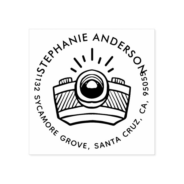 Tampons Encreurs Caméra de dessin moderne ronde Adresse de retour (Impression)