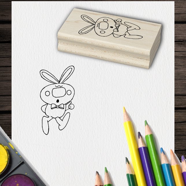 Tampons Encreurs Caricature mignonne Dessin Pouce Haut Bunny Bow Cr (Fun Cartoon rabbit thumbs up big nose bow tie on crafting rubber stamp.)