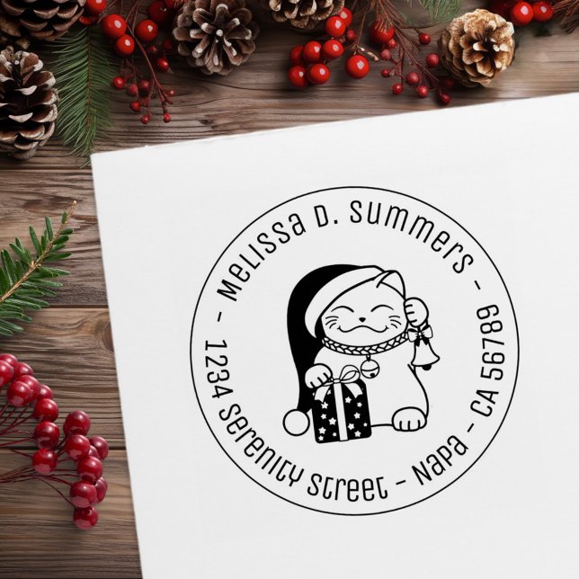 Tampons Encreurs Cat in Christmas Hat Round Address (Créateur téléchargé)