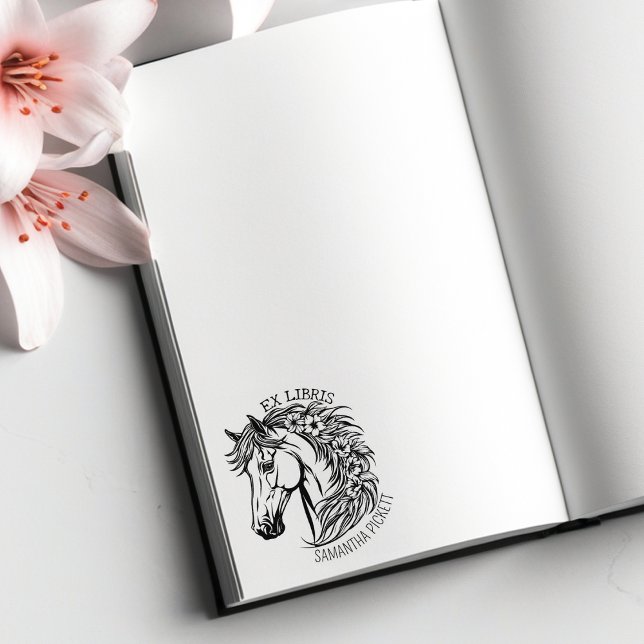 Tampons Encreurs Cheval Élégant avec Fleurs, Ex Libris Livre   (Créateur téléchargé)