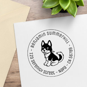 Tampons Encreurs Chien Husky chiot noir et blanc Adresse ronde
