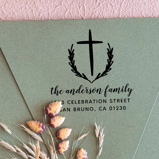 Tampons Encreurs Christian Mariage Cross Botanical Return Adresse (Rubber Stamp Mock-up)