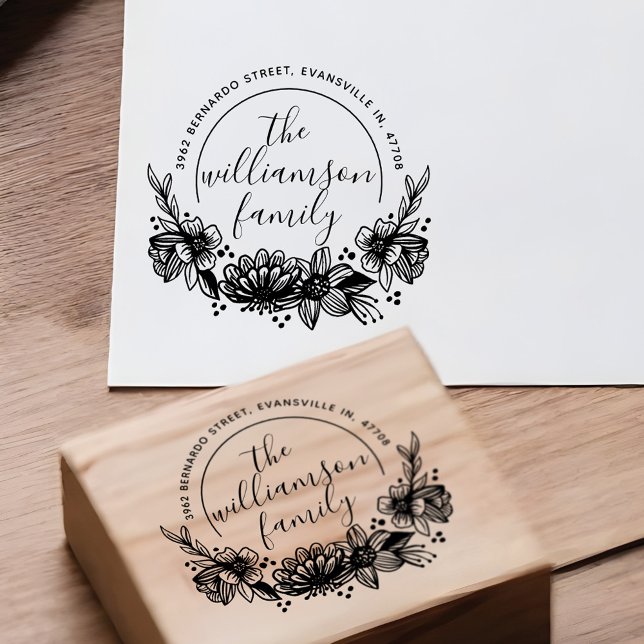 Tampons Encreurs Classy Flower Botanical Nom de famille Adresse de  (Classy Flower Botanical Family Name Return Address Rubber Stamp)
