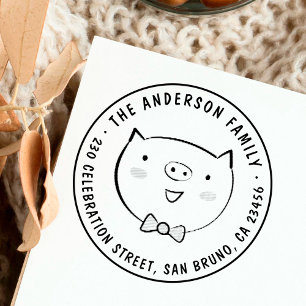 Tampons Encreurs Cochon personnalisé Nom de famille Ronde Adresse d