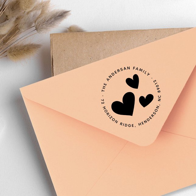 Tampons Encreurs Coeurs élégants Nom de famille Adresse de retour (Elegant Hearts Family Name Return Address Rubber Stamp)