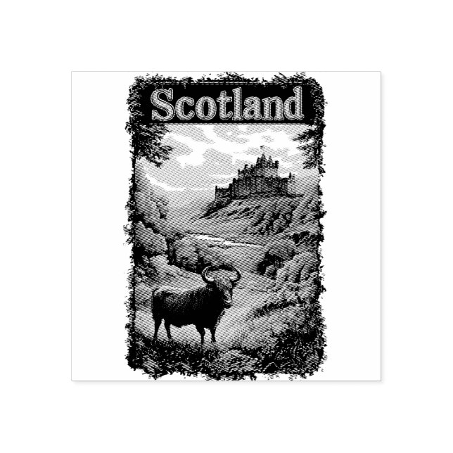 Tampons Encreurs Conception Écosse : Vache des Highlands, château e (Impression)