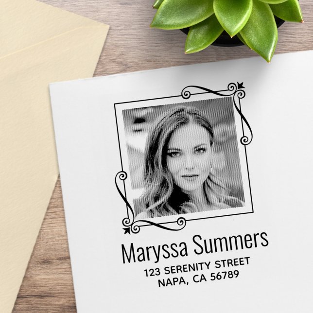 Tampons Encreurs Corner Swirls Carré Frame Adresse photo personnali (Créateur téléchargé)