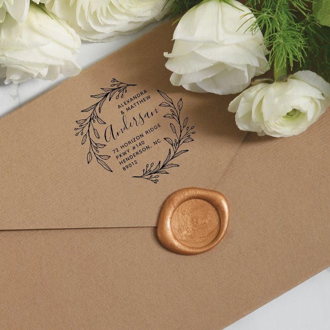 Tampons Encreurs Couronne botanique Nom de famille Adresse de retou (Botanical Wreath Family Name Return Address Rubber Stamp)
